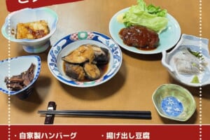 自家製ハンバーグと銀鱈の煮つけがメインの食事例